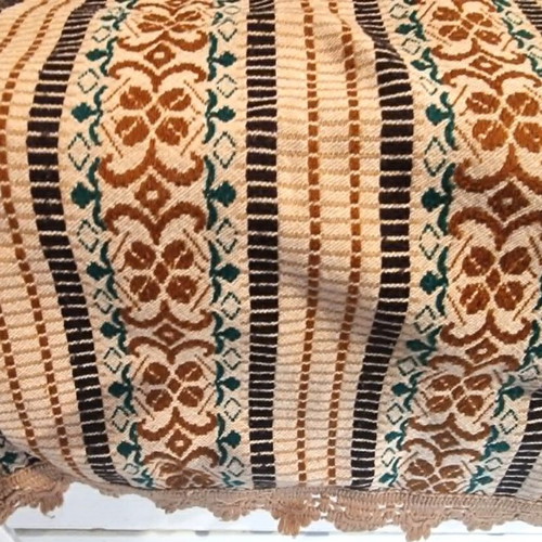 Woven traditional blanket used, beige with decorative lace, 180x260 cm