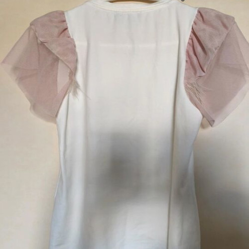 BSB Women's Summer Blouse with White Cotton and Pink Tulle Sleeves, New