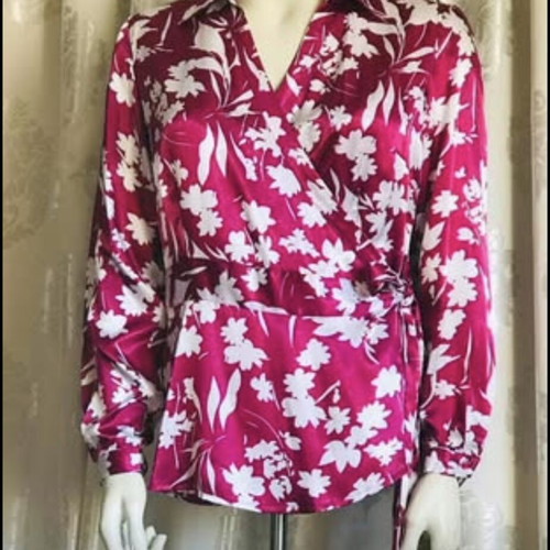Satin shirt with cross button new, size XL, fuchsia and white