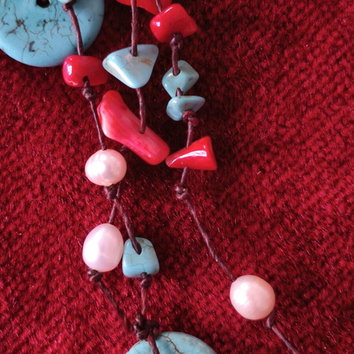 Handmade necklace with turquoise, coral and river pearls like new