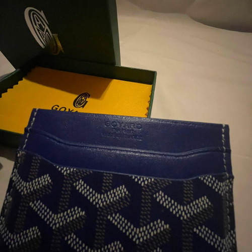 Goyard Card Holder, blue with chevron print and leather trim