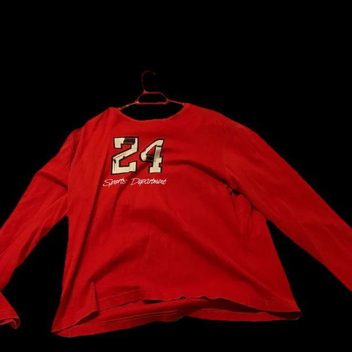 Minerva red long-sleeve shirt size L like new with 24 Sports Department print