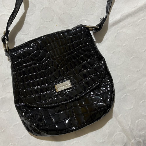 Vintage patent leather crossbody bag, black, medium size, crocodile pattern