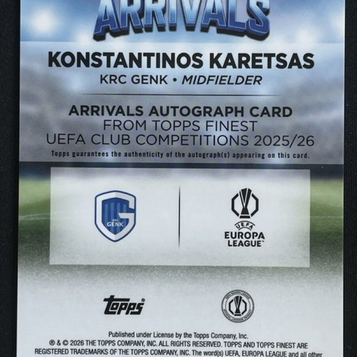 Konstantinos Karetsas 2025-26 Topps Finest UCC Arrivals Auto RC card