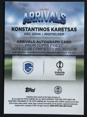 Konstantinos Karetsas 2025-26 Topps Finest UCC Arrivals Auto RC card