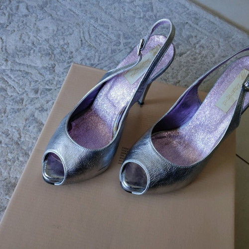 Peep-toe shoes used, Italian, genuine leather, silver, size 37, 11 cm heel