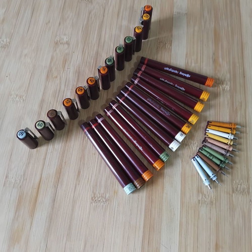 Rotring rapidographs used, set with 11 tips, rings, caps, and bodies
