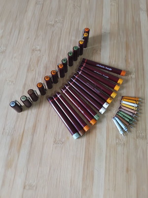 Rotring rapidographs used, set with 11 tips, rings, caps, and bodies
