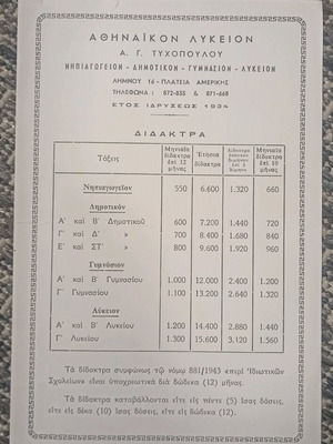 Αθηναϊκόν Λύκειον Δίδακτρα μεταχειρισμένα, φυλλάδιο δεκαετίας 70