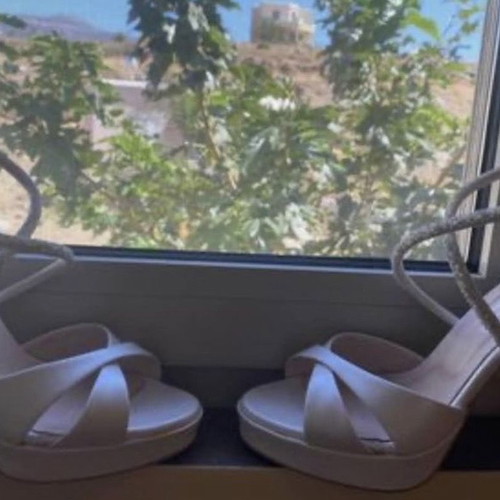 Handmade bridal sandals used, white pearl leather, size 38, 11.5cm heel