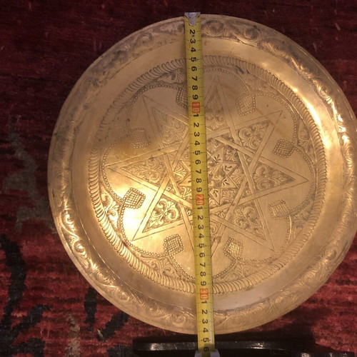 Vintage brass Moroccan tray 35cm used, handmade engraving