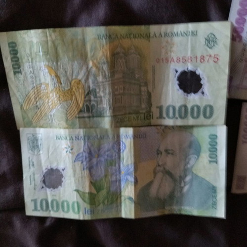 Romanian banknotes used, 10 and 50,000 lei