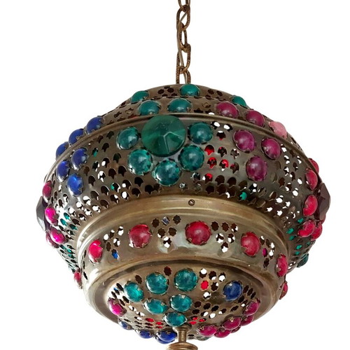 Moroccan vintage handmade lamp from brass and colored glass like new
