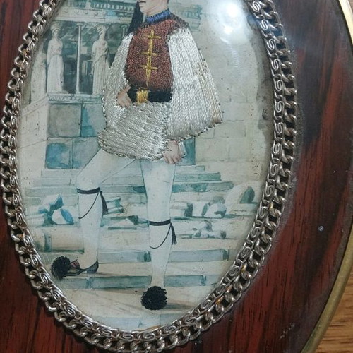 Old lithograph frames with embroidery, pack Evzones and Amalia