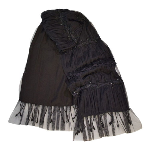 Vintage black silk chiffon scarf with bead embroidery used