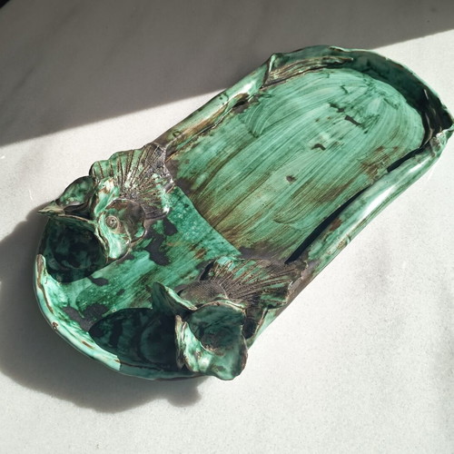 Ceramic serving tray used, handmade green