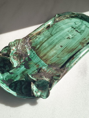 Ceramic serving tray used, handmade green