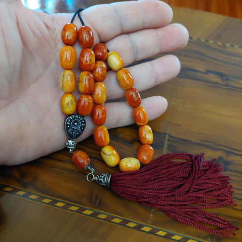 Worry beads from red coral root like new with 21+1 beads and silver elements