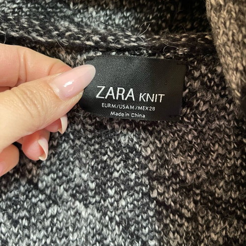 Zara μακριά πλεκτή ζακέτα με κουκούλα σε μαύρο και γκρι pied-de-poule, μέγεθος M
