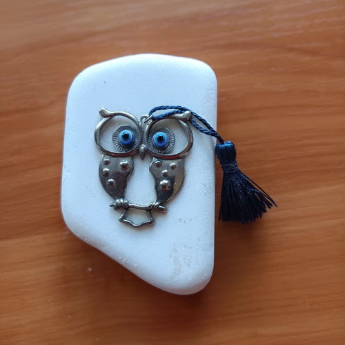Owl on Pebble with Bead Eyes for Good Luck