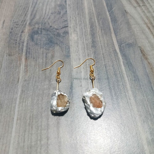 Raw Stone Handmade Earrings with Metal Detail and Natural Stone