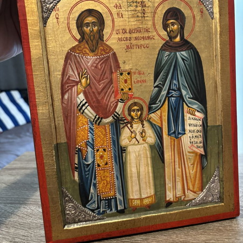 Handmade icon of Raphael Nikolaou and Eirini with 925 silver decoration used