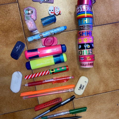 School supplies like new, pack with erasers, tape, pens, highlighters