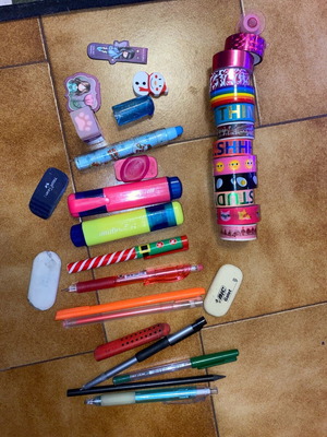 School supplies like new, pack with erasers, tape, pens, highlighters