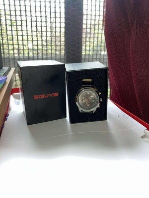 3Guys Men's 44mm Chronograph Watch with Black Leather Strap like new