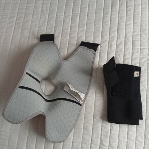 Sensiplast knee brace and John's left wrist orthopaedic splint