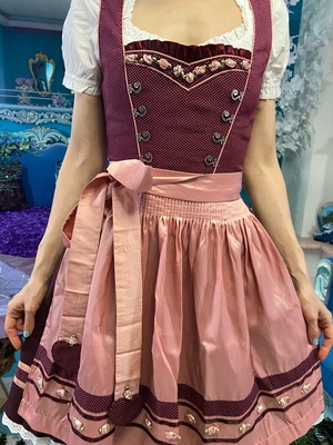 Dirndl dress used, burgundy and dusty pink with roses, size XXS
