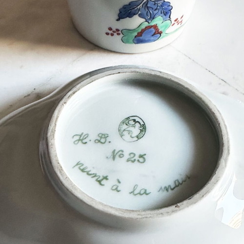 Antique Chantilly porcelain perfume bottle and dish used, Kakiemon style