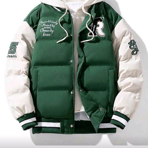 Men's puffer varsity jacket with hood, new, green and white