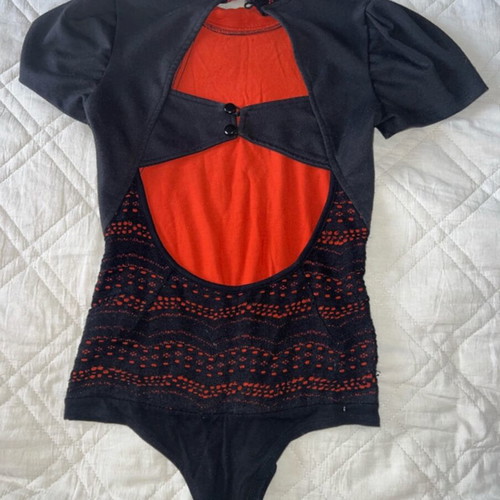 JusTop turtleneck bodysuit black and orange, like new, missing one button