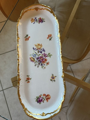 Vintage Reichenbach GDR elongated oblong sandwich tray floral gold trim, like new