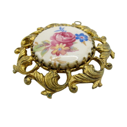 Vintage gold-plated pendant with porcelain floral decoration like new
