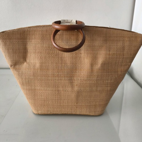 Raffia tote bag Astrup new, beige and brown, wooden handles