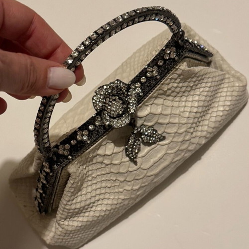 Vintage leather Besso evening bag with rhinestones like new, white