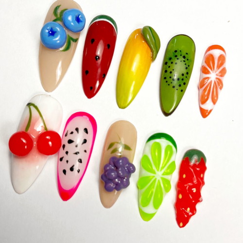 Fruit Salad Press-On Nails Handmade 3D Summer Set