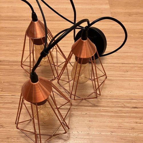 Metal copper-colored triple pendant light with Edison bulbs like new