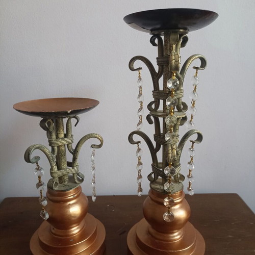 Antique metal candlesticks, set of 2, 36 and 24 cm height