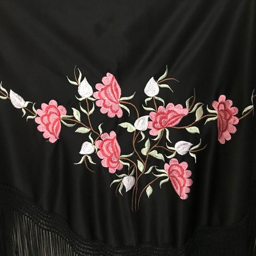 Spanish satin scarf with floral embroidery and fringes new