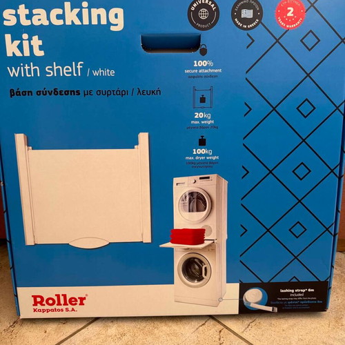 Roller stacking kit with shelf for washer and dryer