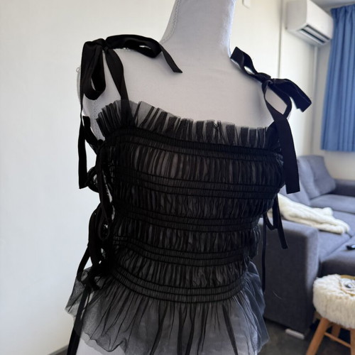 Monki Tulle Top like new with decorative bows, black