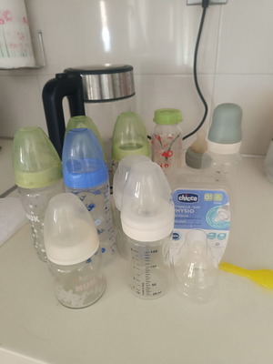 Baby bottles used, glass and plastic, various models