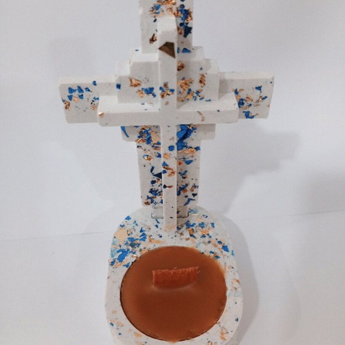 Handmade porcelain cross candle holder with pure beeswax and decorative leaves