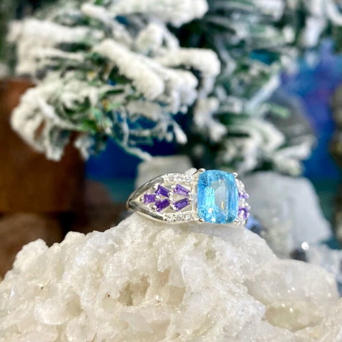 Handmade silver ring with natural aquamarine, amethyst and moissanite
