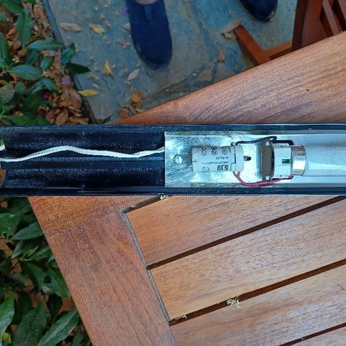 Ceiling light with fluorescent lamps used, black aluminum, includes curved ducts