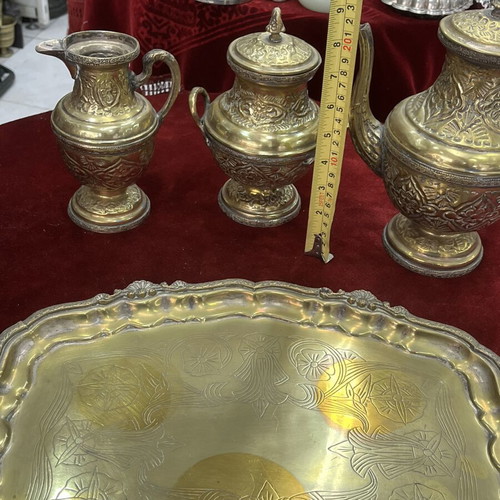 Vintage tea set used, oriental style with embossed teapot and tray