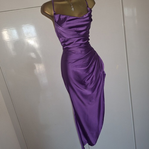 Shein purple satin ruched cross back slit dress, size M